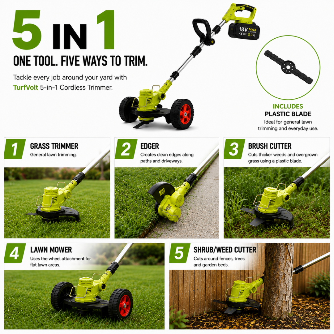 TurfVolt - 5in1 Cordless Grass Trimmer & Mower